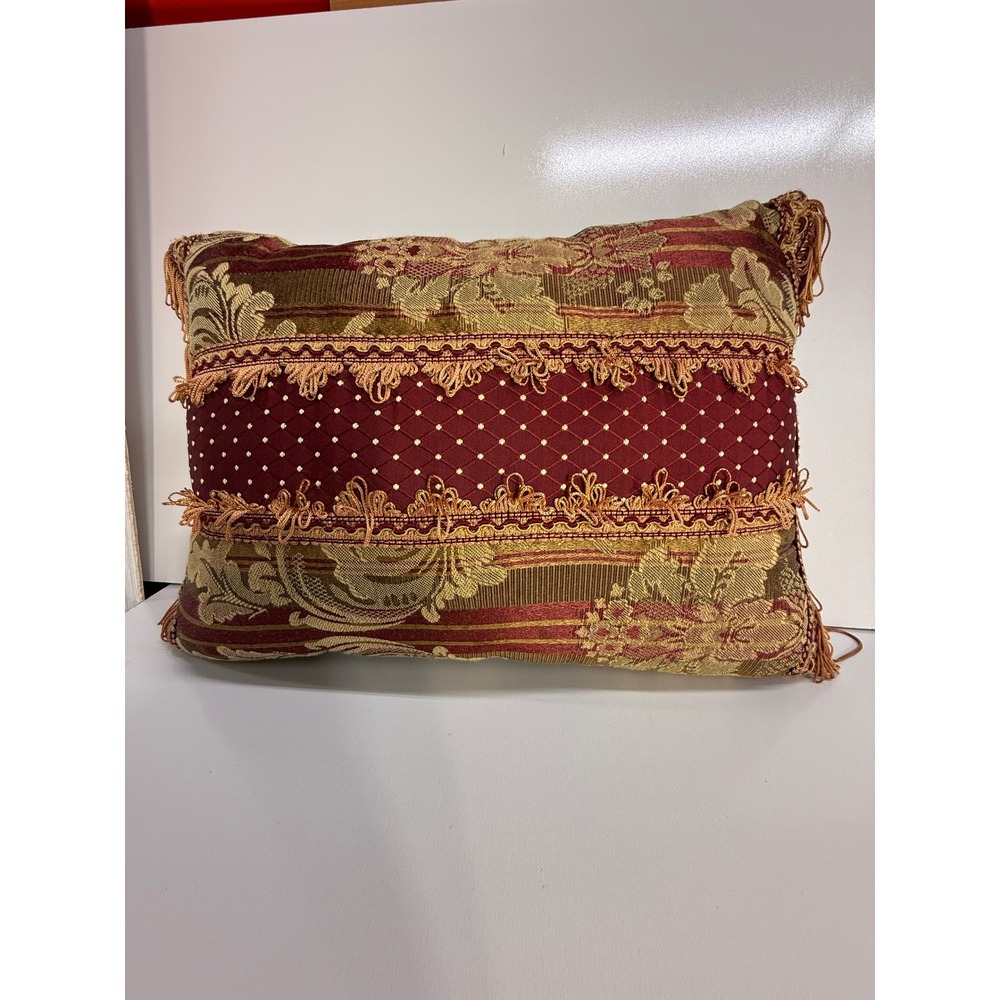 Vintage Style Burgundy Gold Damask Fringe Accent Pillow Rectangular 17x12